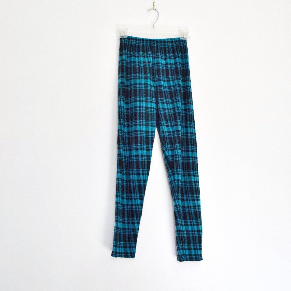 Vintage Thick Knit Aqua Blue Buffalo Plaid Flannel Knit Woven Pants | Size XS